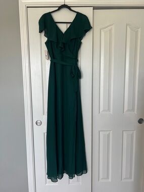 Birdie Grey Women's Emerald Green Ruffle V-neck Bridesmaid Dress with Waist Tie